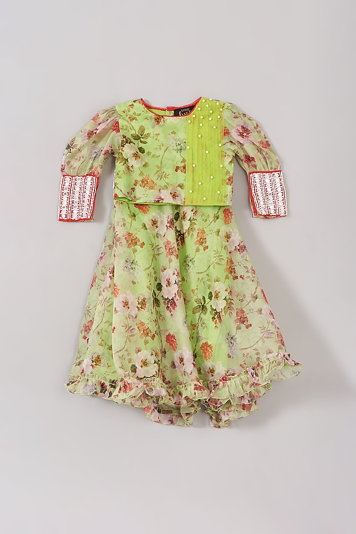 Green Floral Printed Lehenga Set For Girls by Little Luxe