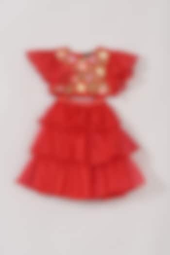 Red Organza Lehenga Set For Girls by Little Luxe