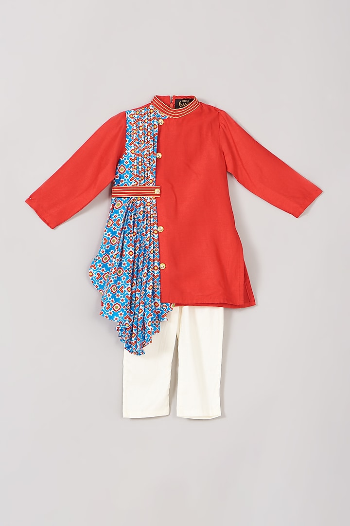 Red Silk Draped Kurta Set For Boys by Little Luxe
