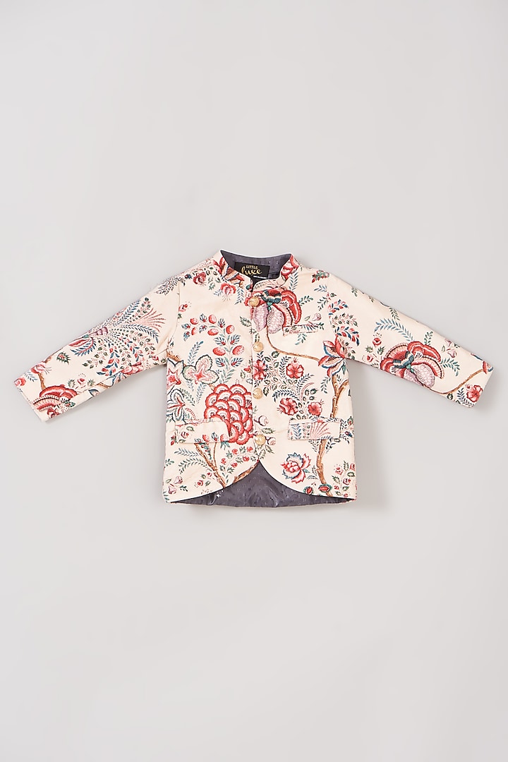 Off-White Velvet & Silk Printed Jacket For Boys by Little Luxe