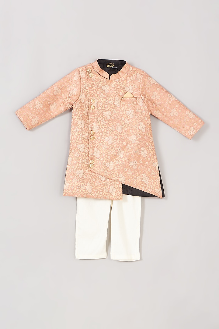 Peach Brocade Achkan Set For Boys by Little Luxe