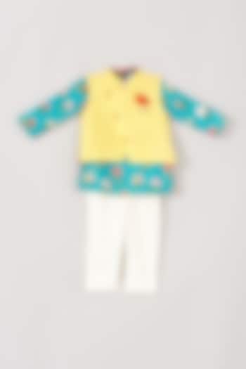 Blue Printed Kurta Set With Bundi Jacket For Boys by Little Luxe