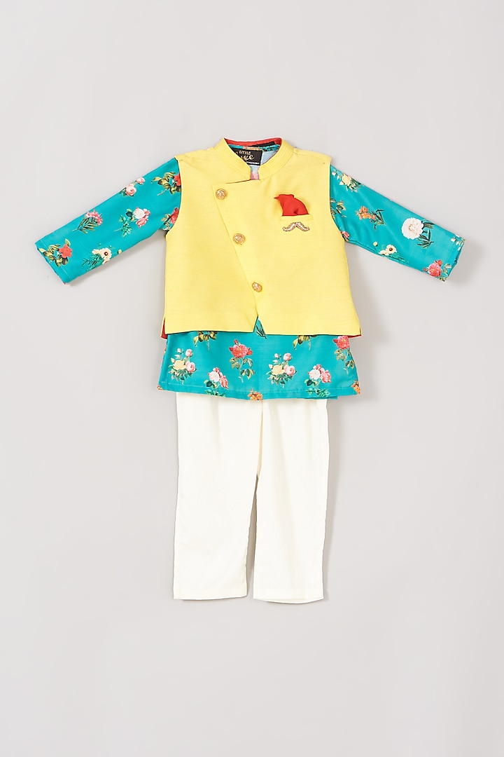 Blue Printed Kurta Set With Bundi Jacket For Boys by Little Luxe