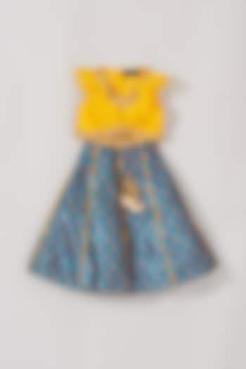 Blue Paper Silk Printed Lehenga Set For Girls by Little Luxe