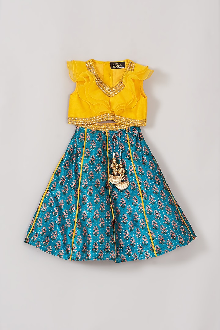 Blue Paper Silk Printed Lehenga Set For Girls by Little Luxe