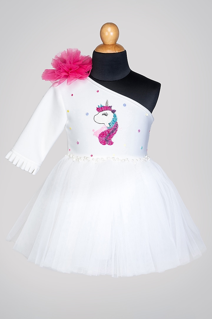 White Tulle Embroidered Dress For Girls by Little Luxe