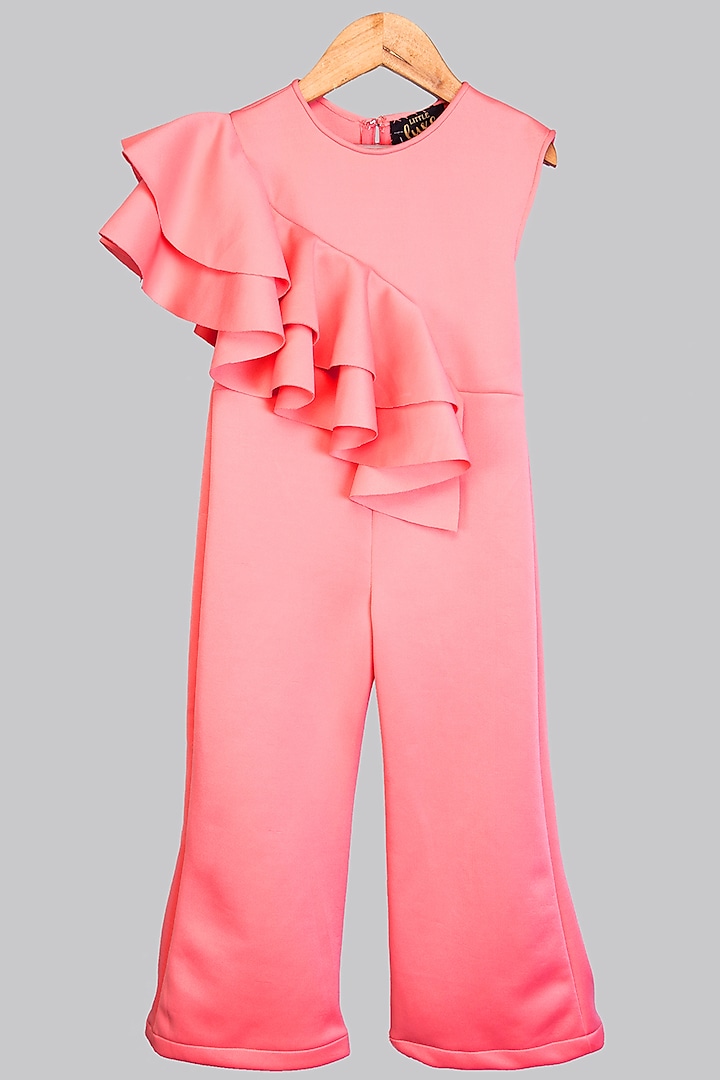 Peachish-Pink Ruffled Jumpsuit For Girls by Little Luxe