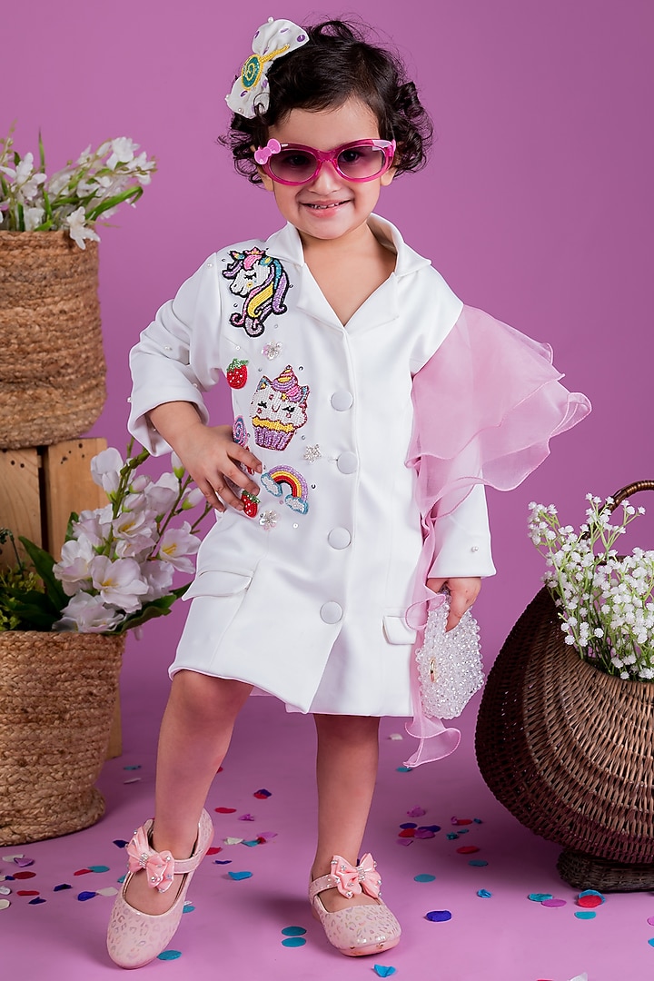 White Thick Crepe Embroidered Ruffled Blazer Dress For Girls by Little Luxe at Pernia's Pop Up Shop