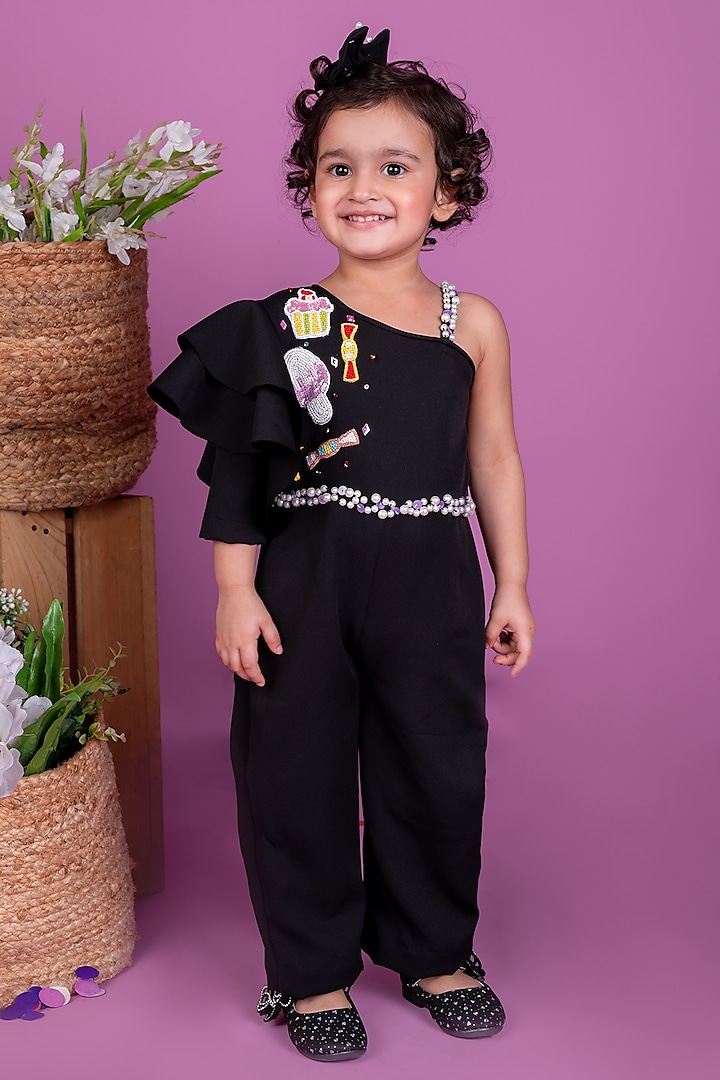 Black Thick Crepe Embellished Jumpsuit For Girls by Little Luxe at Pernia's Pop Up Shop