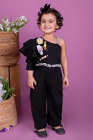 Black Thick Crepe Embellished Jumpsuit For Girls by Little Luxe