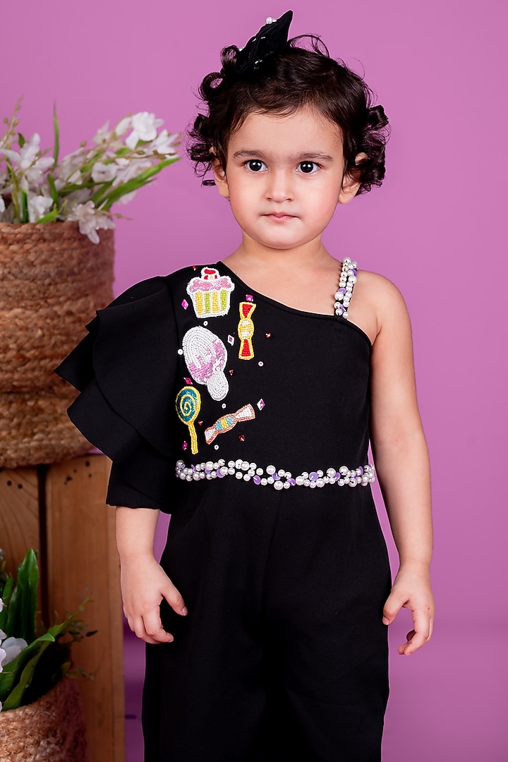 Black Thick Crepe Embellished Jumpsuit For Girls by Little Luxe at Pernia's Pop Up Shop