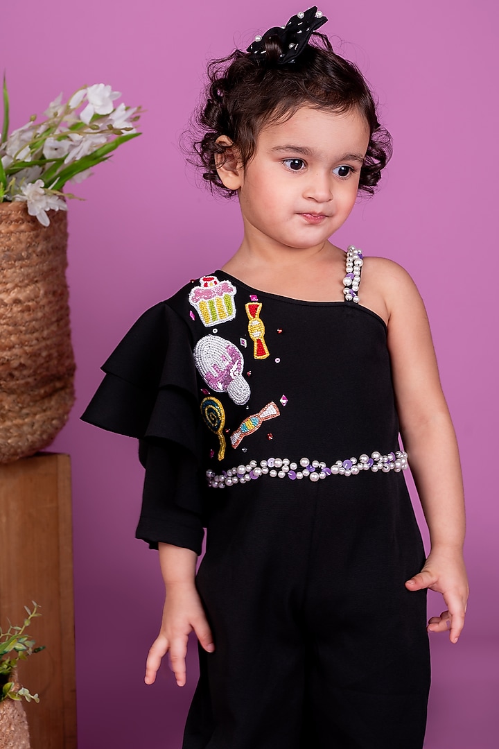 Black Thick Crepe Embellished Jumpsuit For Girls by Little Luxe at Pernia's Pop Up Shop