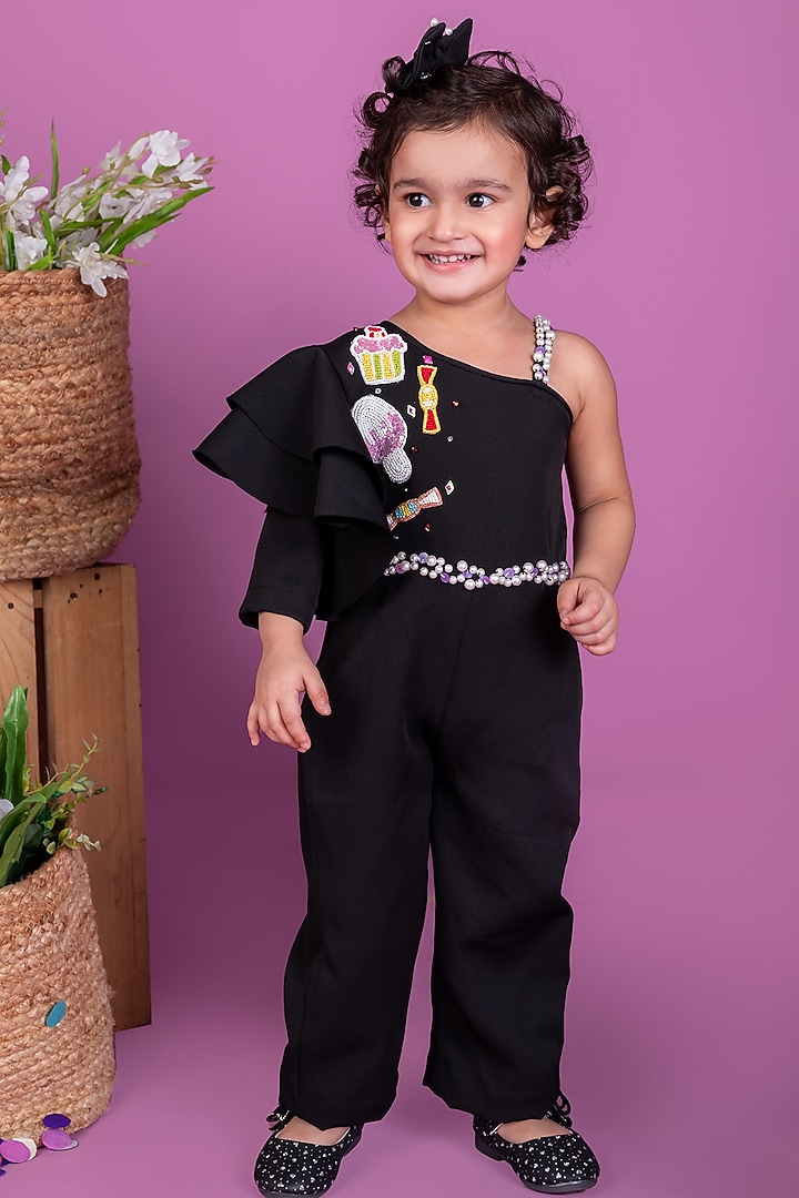 Black Thick Crepe Embellished Jumpsuit For Girls by Little Luxe at Pernia's Pop Up Shop