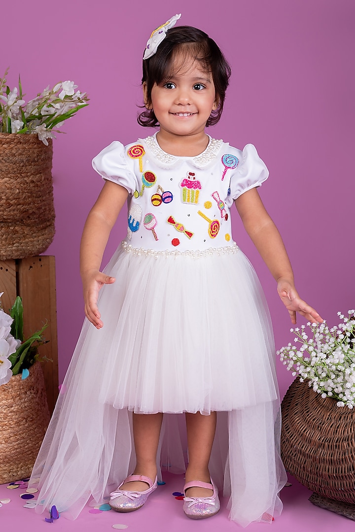 White Thick Crepe & Net Dress For Girls by Little Luxe at Pernia's Pop Up Shop