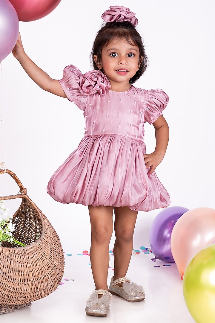 Rose Gold Shimmer Georgette Floral Dress For Girls by Little Luxe at Pernia's Pop Up Shop