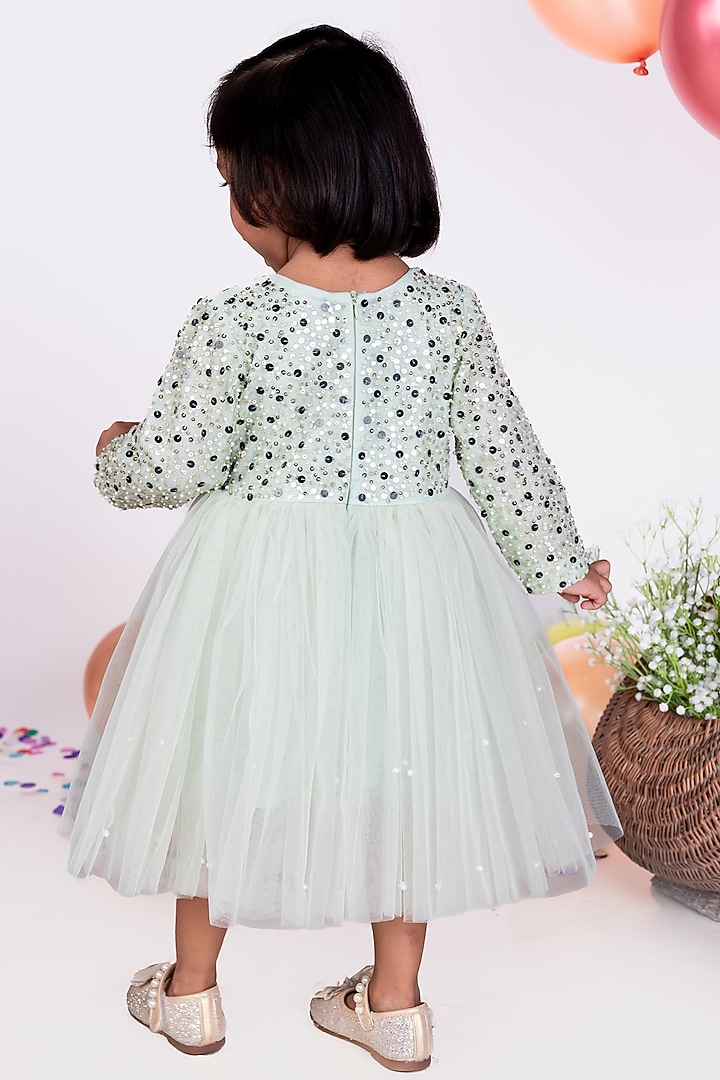 Mint Green Net Embellished Dress For Girls by Little Luxe at Pernia's Pop Up Shop