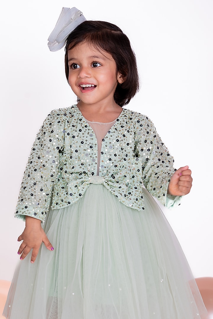 Mint Green Net Embellished Dress For Girls by Little Luxe at Pernia's Pop Up Shop
