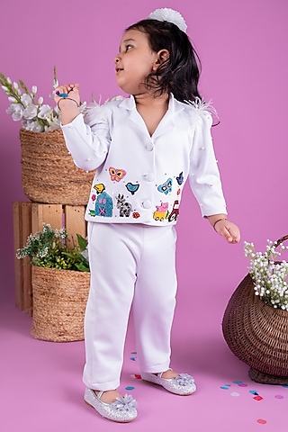 White Thick Crepe Pearl Co-Ord Set For Girls by Little Luxe