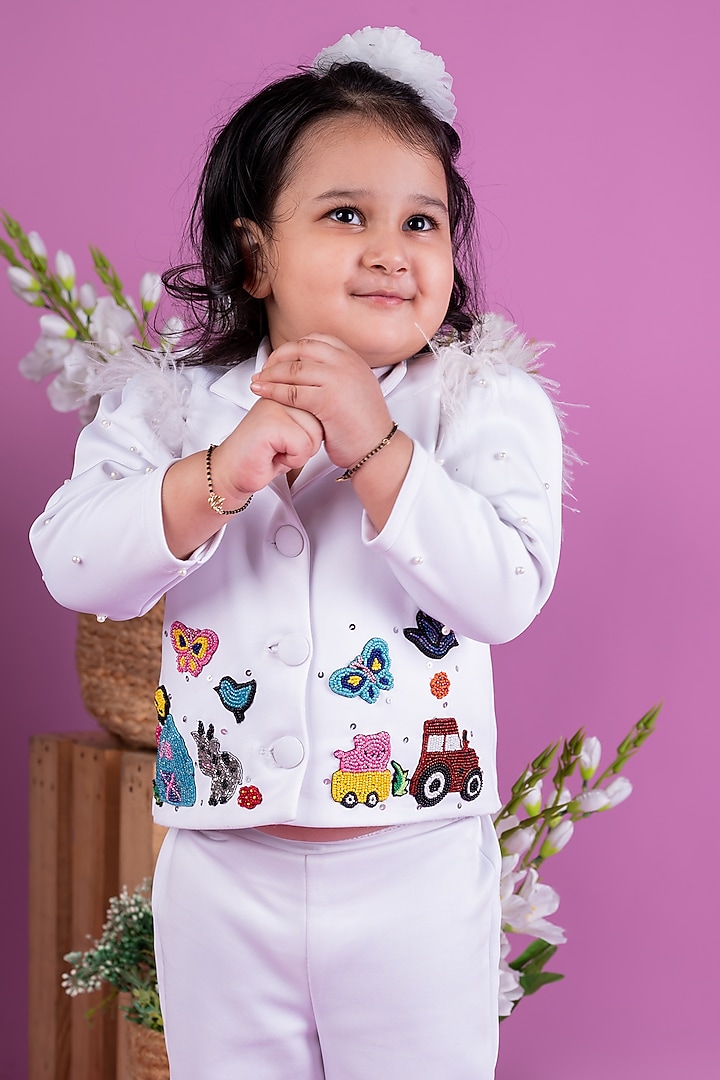 White Thick Crepe Pearl Co-Ord Set For Girls by Little Luxe at Pernia's Pop Up Shop