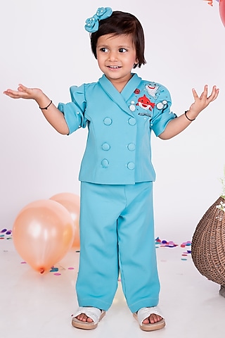 Blue Thick Crepe Co-Ord Set For Girls by Little Luxe
