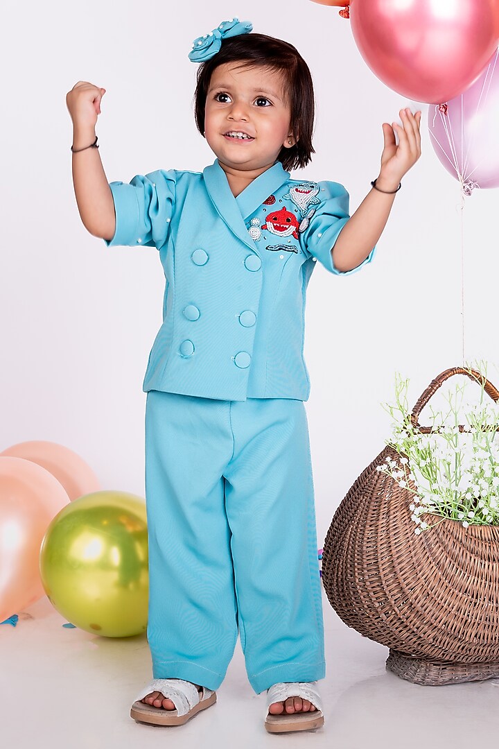 Blue Thick Crepe Co-Ord Set For Girls by Little Luxe at Pernia's Pop Up Shop