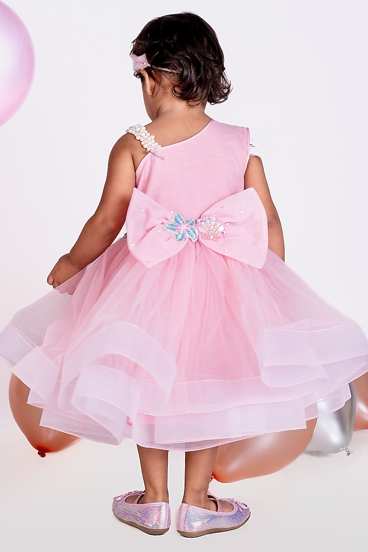 Pink Net Embellished One-Shoulder Dress For Girls by Little Luxe at Pernia's Pop Up Shop