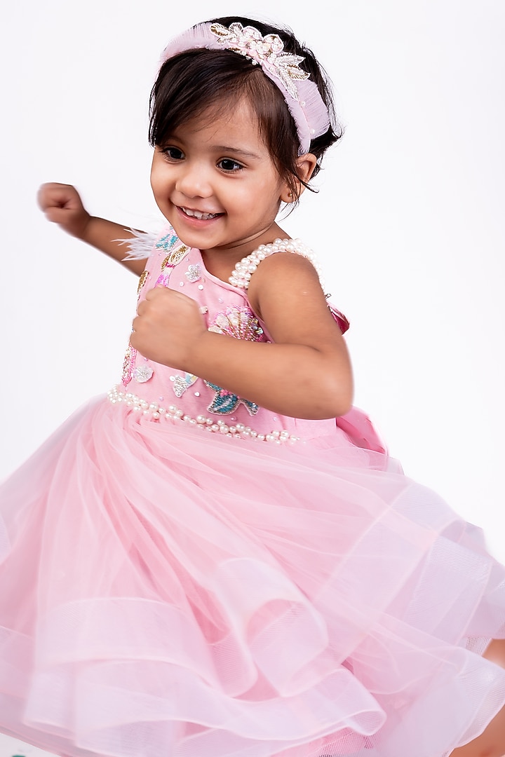 Pink Net Embellished One-Shoulder Dress For Girls by Little Luxe at Pernia's Pop Up Shop