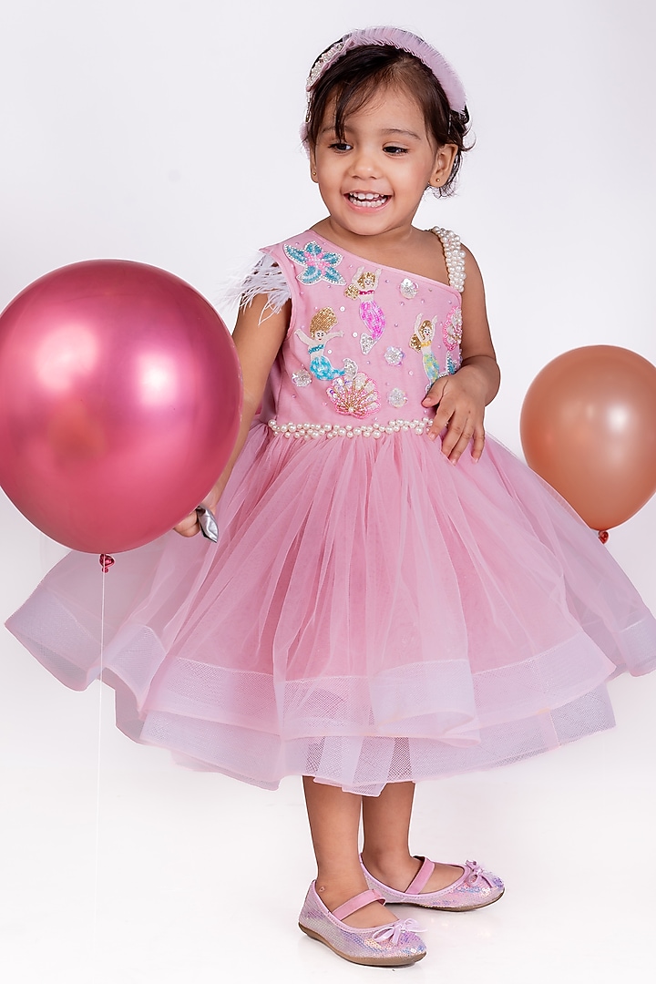 Pink Net Embellished One-Shoulder Dress For Girls by Little Luxe at Pernia's Pop Up Shop