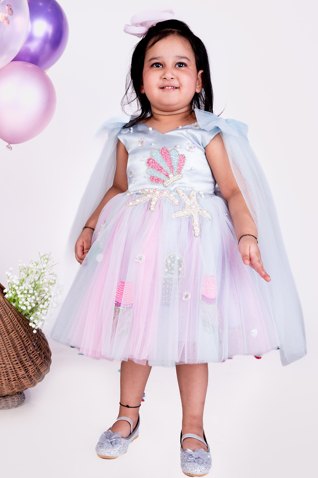 Light Blue & Pink Net Embellished Dress For Girls by Little Luxe at Pernia's Pop Up Shop