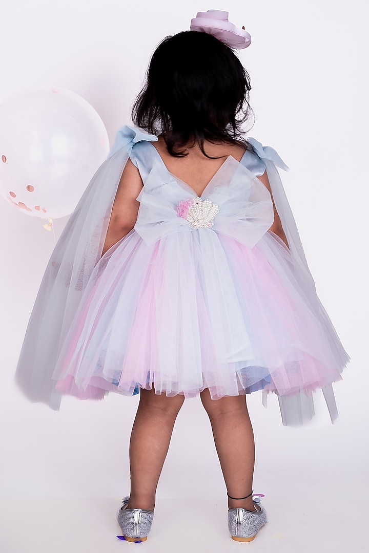 Light Blue & Pink Net Embellished Dress For Girls by Little Luxe at Pernia's Pop Up Shop