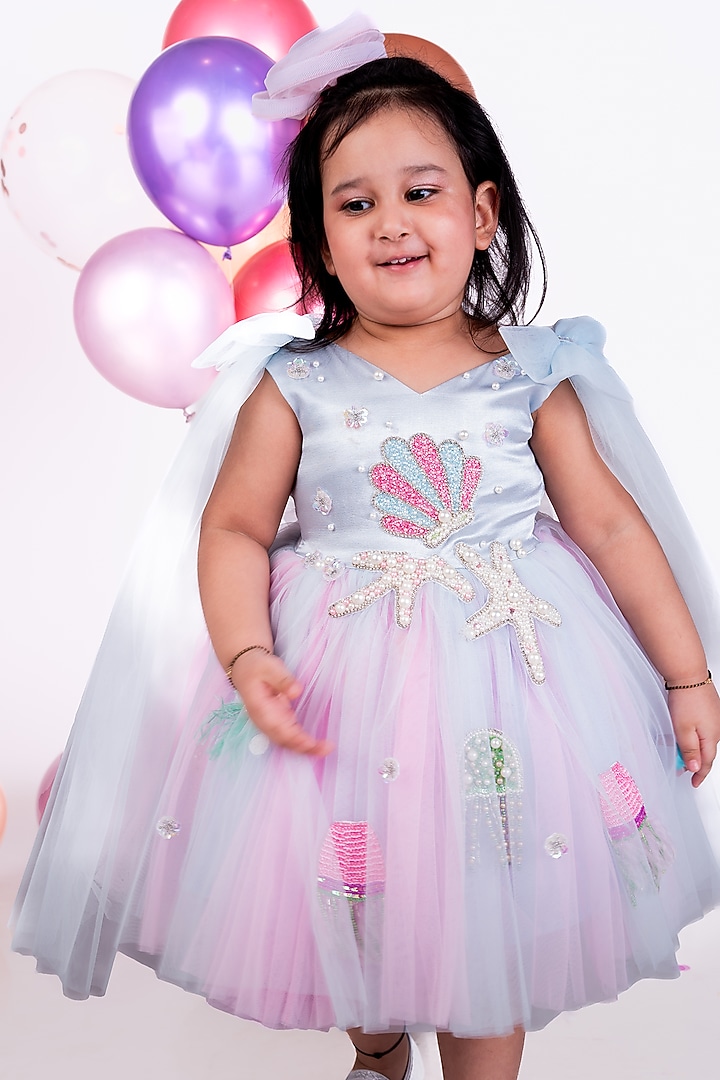 Light Blue & Pink Net Embellished Dress For Girls by Little Luxe at Pernia's Pop Up Shop