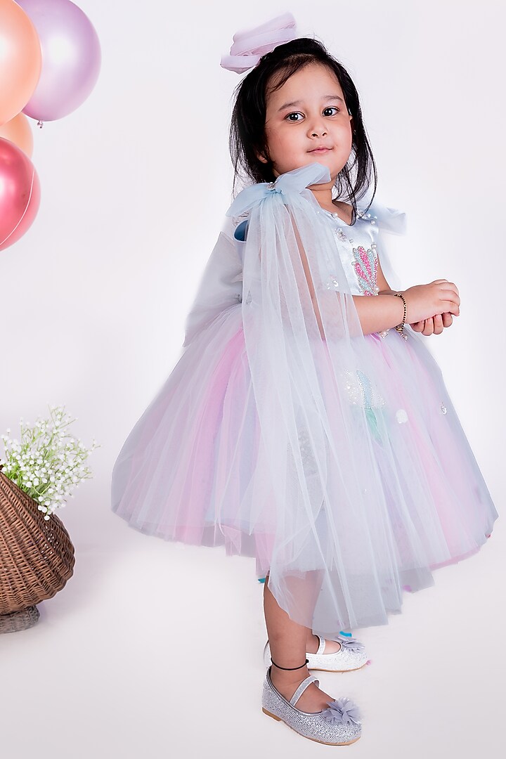 Light Blue & Pink Net Embellished Dress For Girls by Little Luxe at Pernia's Pop Up Shop