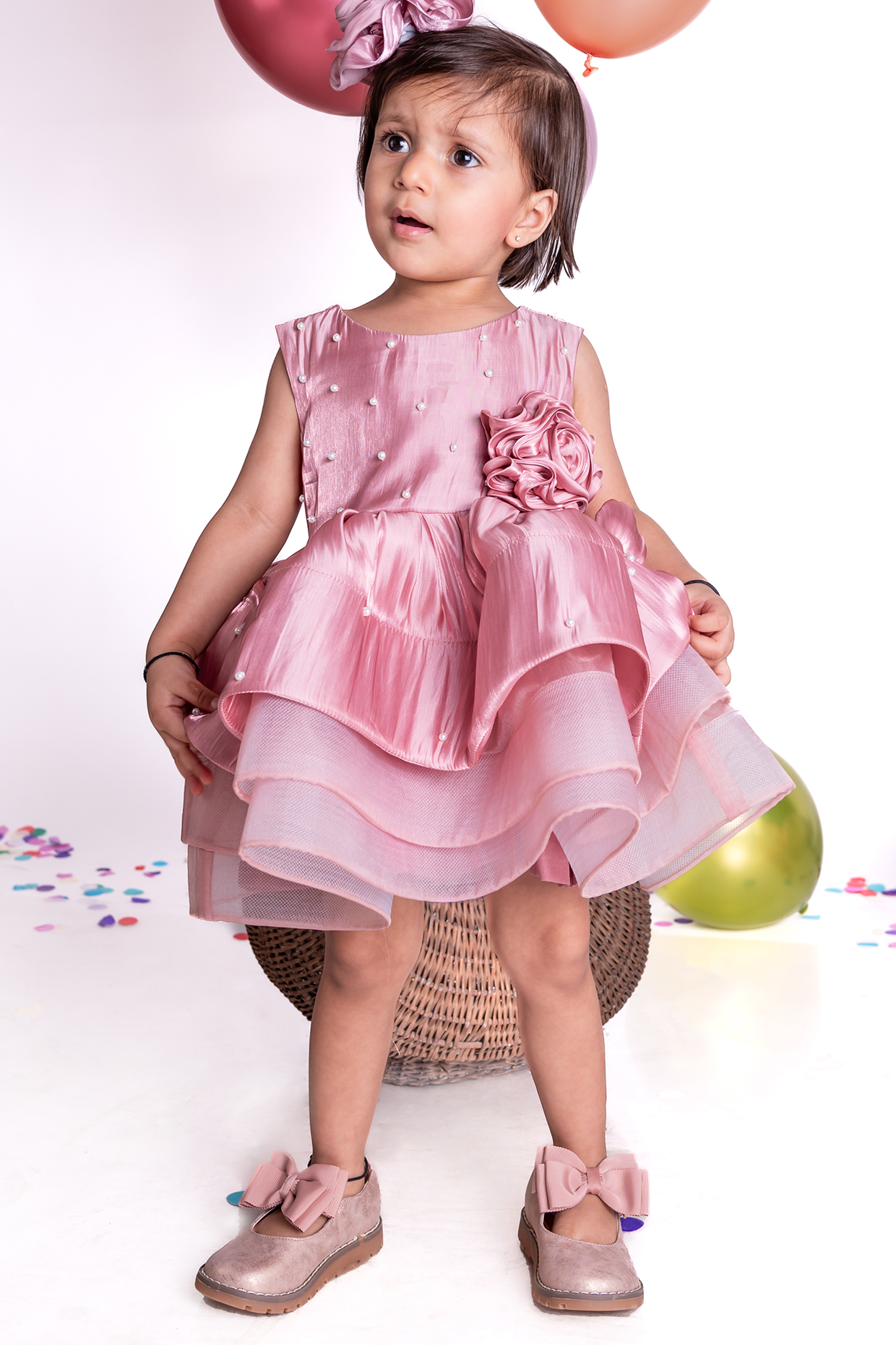 Rose Gold Shimmer Georgette Floral Dress For Girls by Little Luxe at Pernia's Pop Up Shop