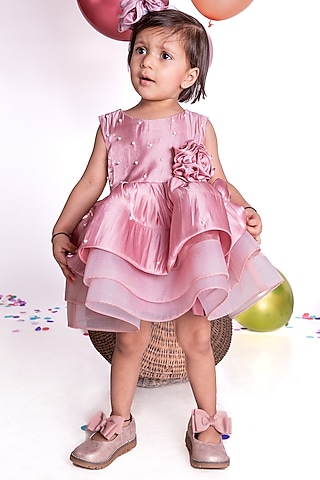 Rose Gold Shimmer Georgette Floral Dress For Girls by Little Luxe