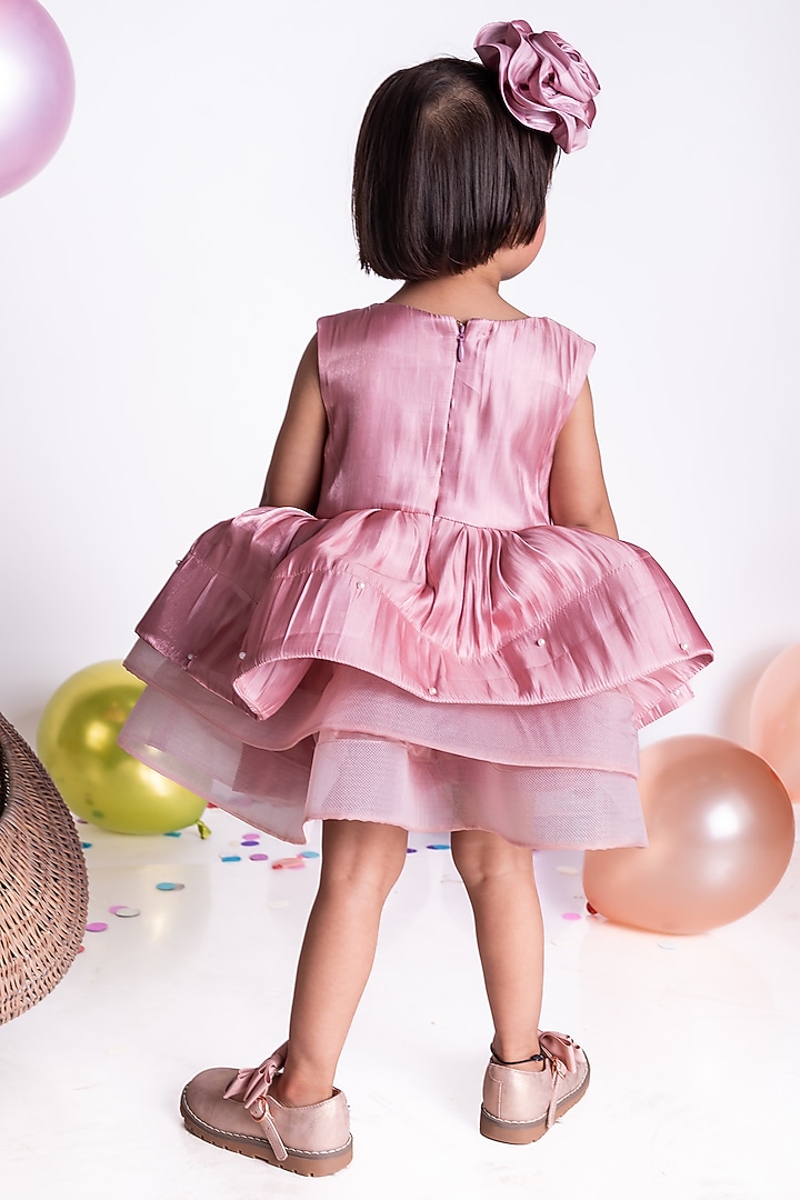 Rose Gold Shimmer Georgette Floral Dress For Girls by Little Luxe at Pernia's Pop Up Shop