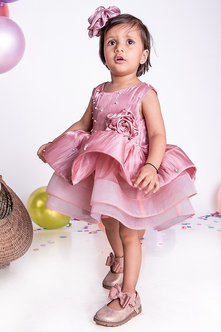 Rose Gold Shimmer Georgette Floral Dress For Girls by Little Luxe at Pernia's Pop Up Shop