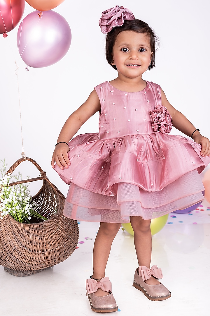 Rose Gold Shimmer Georgette Floral Dress For Girls by Little Luxe at Pernia's Pop Up Shop