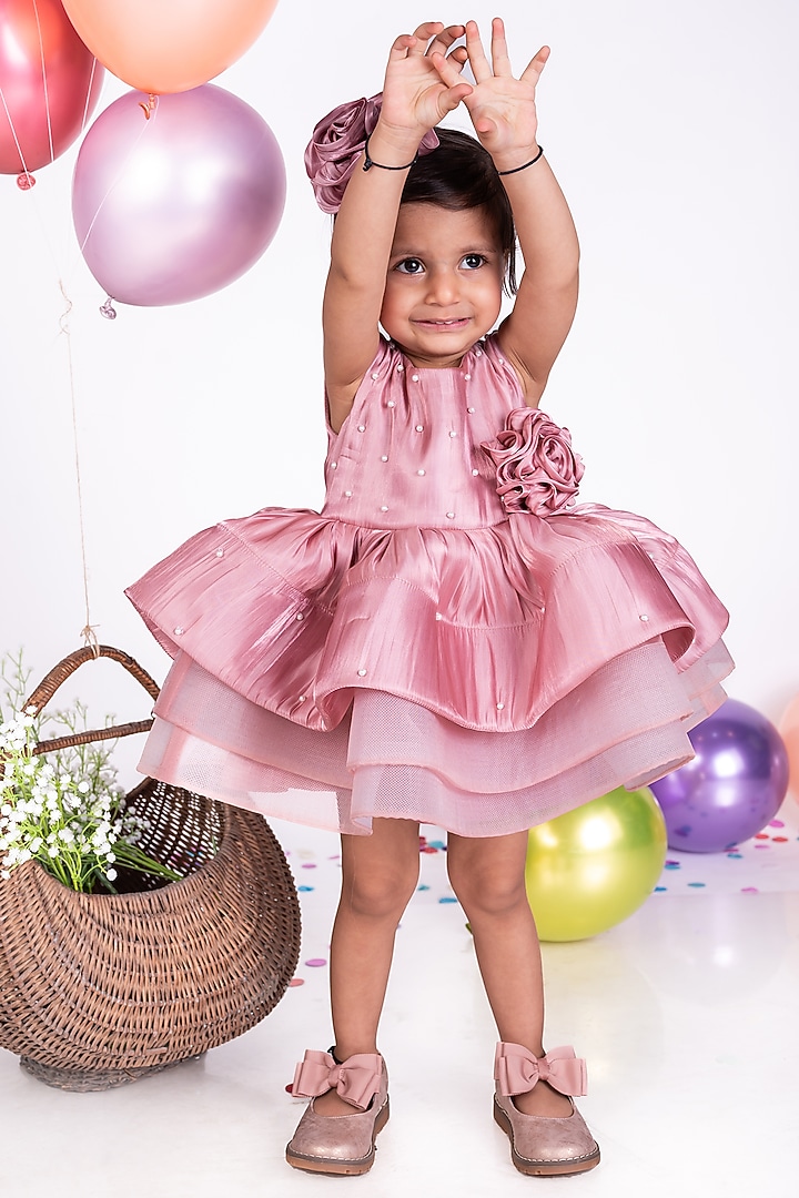 Rose Gold Shimmer Georgette Floral Dress For Girls by Little Luxe at Pernia's Pop Up Shop
