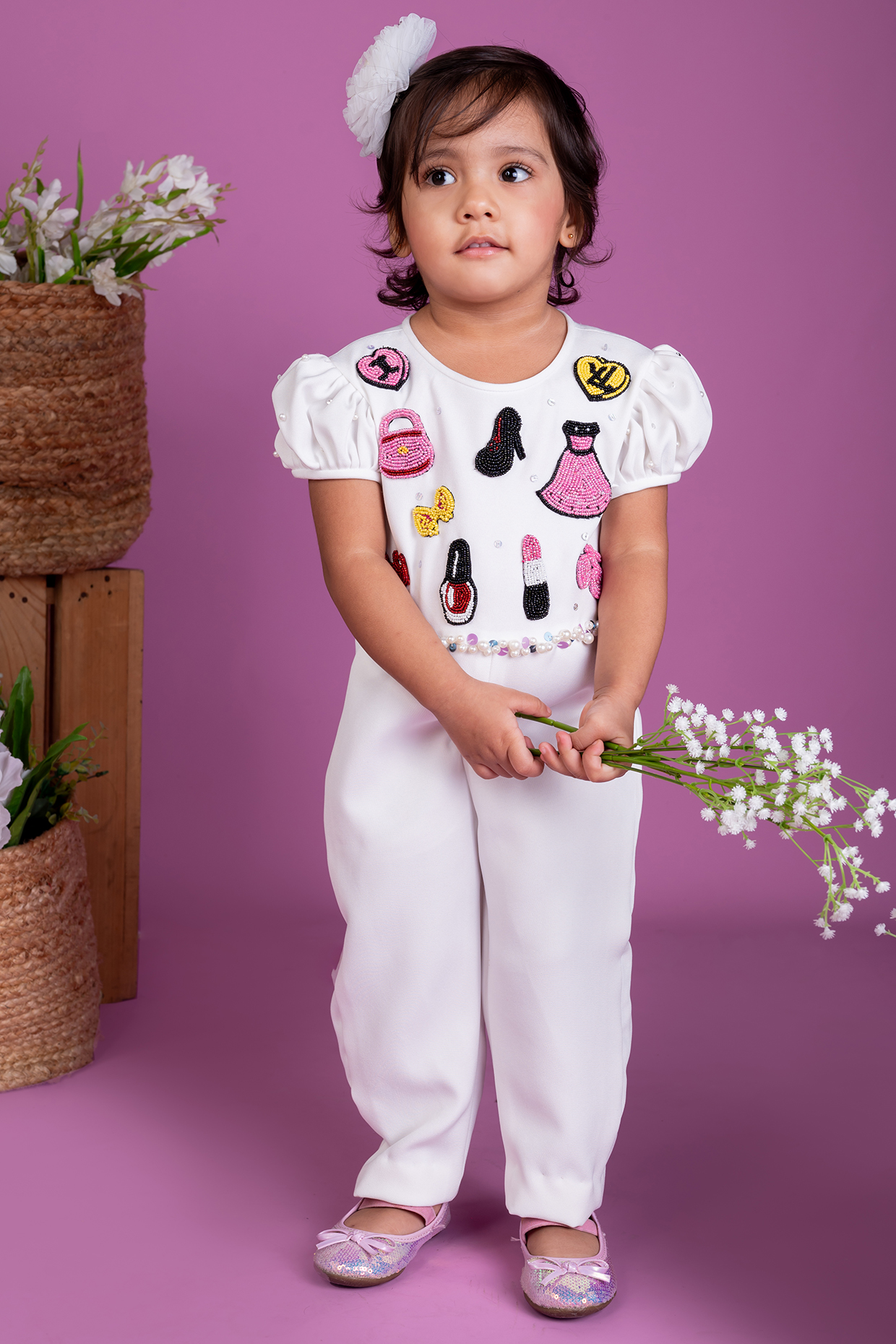 White Thick Crepe Bead Embroidered Jumpsuit For Girls by Little Luxe at Pernia's Pop Up Shop