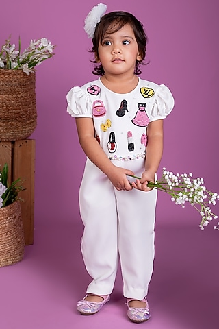 White Thick Crepe Bead Embroidered Jumpsuit For Girls by Little Luxe