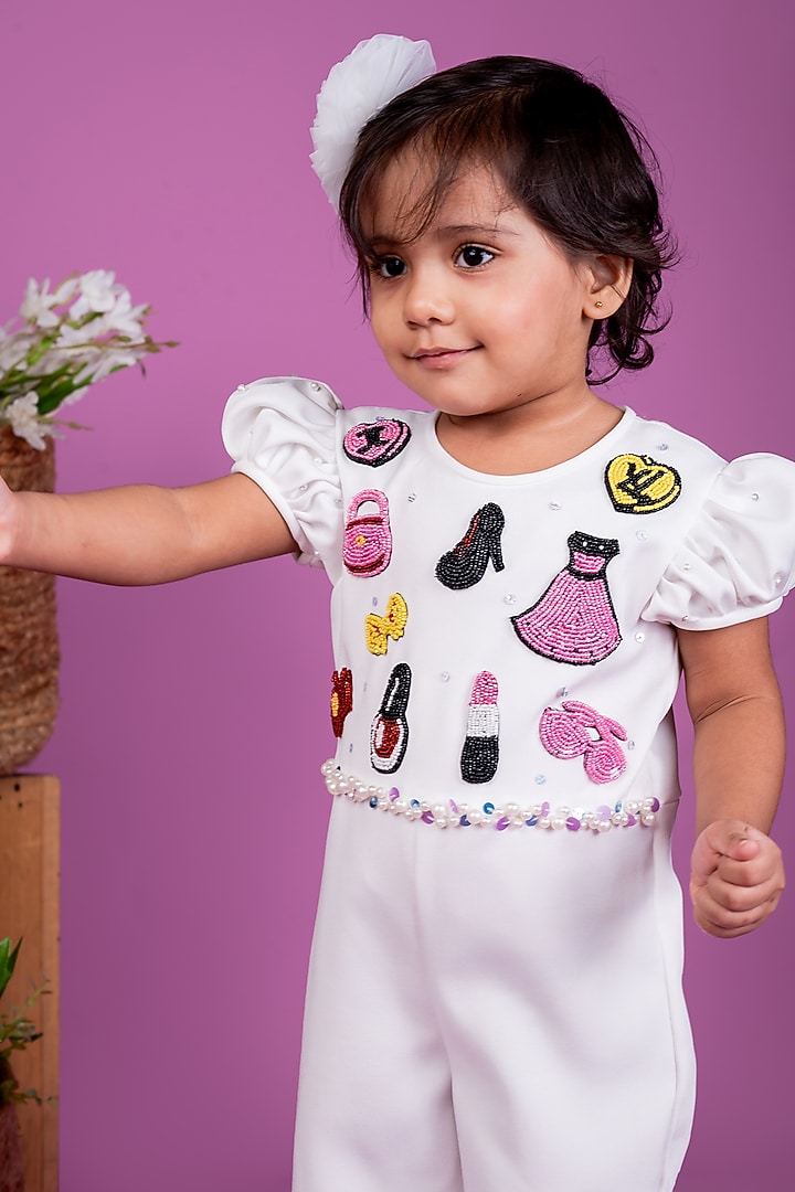 White Thick Crepe Bead Embroidered Jumpsuit For Girls by Little Luxe at Pernia's Pop Up Shop