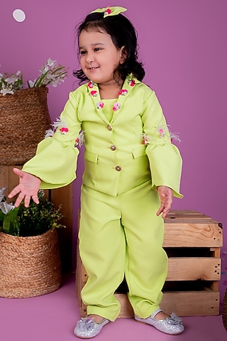 Neon Green Thick Crepe Sequins Embellished Co-Ord Set For Girls by Little Luxe