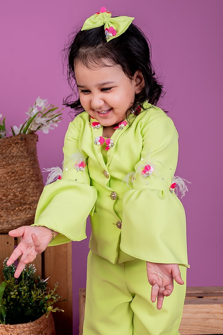 Neon Green Thick Crepe Sequins Embellished Co-Ord Set For Girls by Little Luxe at Pernia's Pop Up Shop