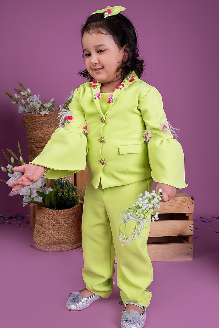 Neon Green Thick Crepe Sequins Embellished Co-Ord Set For Girls by Little Luxe at Pernia's Pop Up Shop