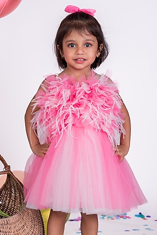 Pink Net Ruffled Dress For Girls by Little Luxe
