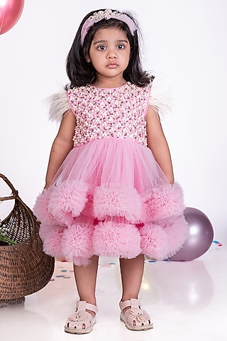 Pink Net Feather Embellished Ruffled Dress For Girls by Little Luxe