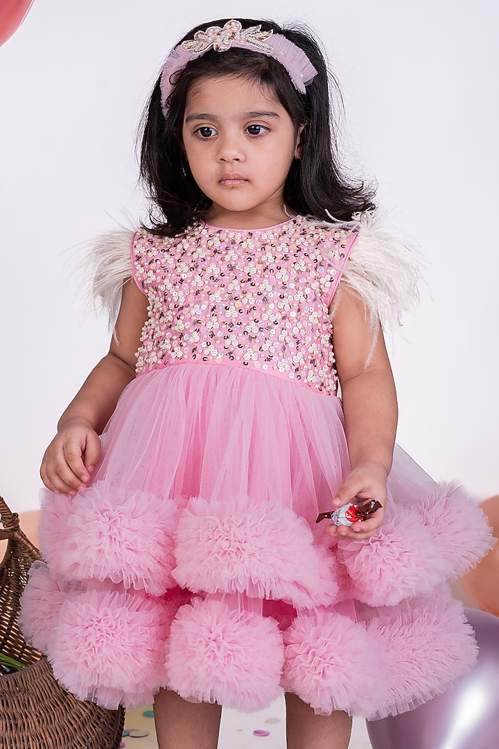 Pink Net Feather Embellished Ruffled Dress For Girls by Little Luxe at Pernia's Pop Up Shop