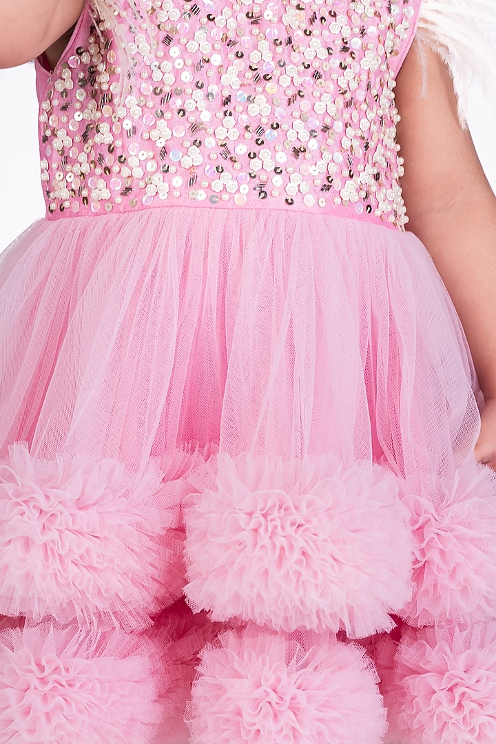 Pink Net Feather Embellished Ruffled Dress For Girls by Little Luxe at Pernia's Pop Up Shop