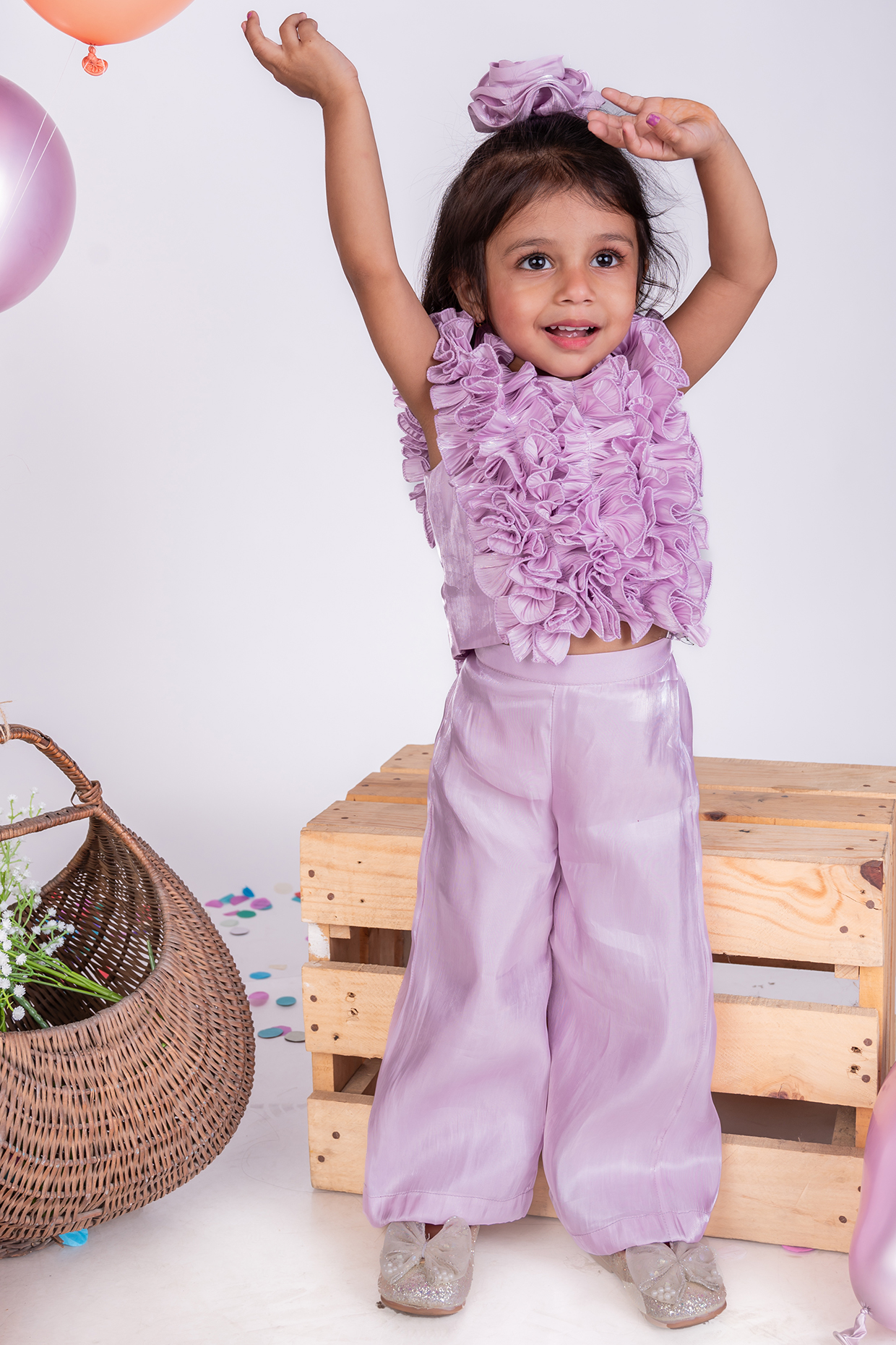 Lavender Shimmer Georgette Ruffled Co-Ord Set For Girls by Little Luxe at Pernia's Pop Up Shop