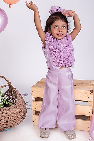 Lavender Shimmer Georgette Ruffled Co-Ord Set For Girls by Little Luxe
